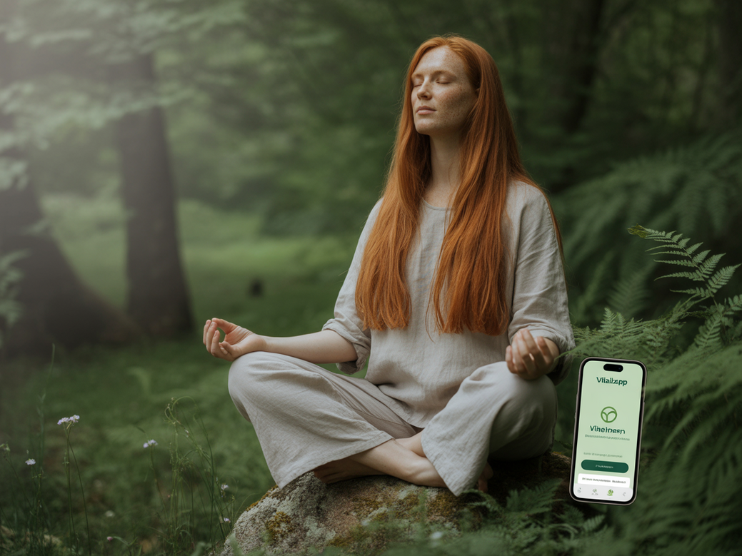 A woman practicing guided yoga and meditation with the Vitalizen App