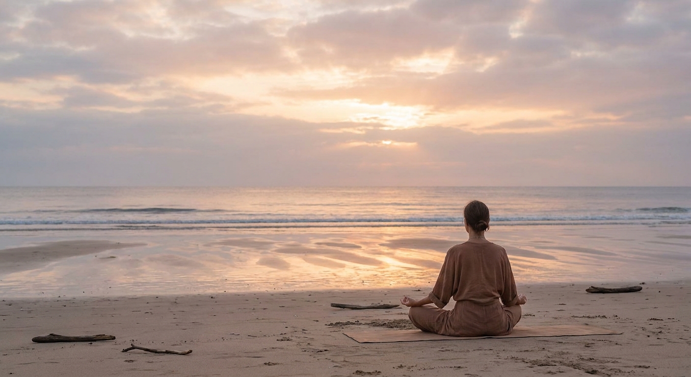 Woman meditating at sunrise practicing yoga and mindfulness with Vitalizen App