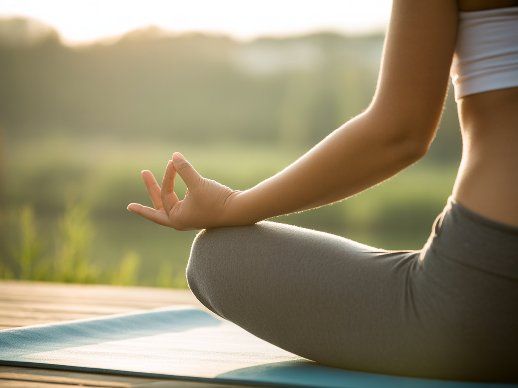 A serene image of a person practicing yoga and meditation, symbolizing the well-being and tranquility achieved through the practice.