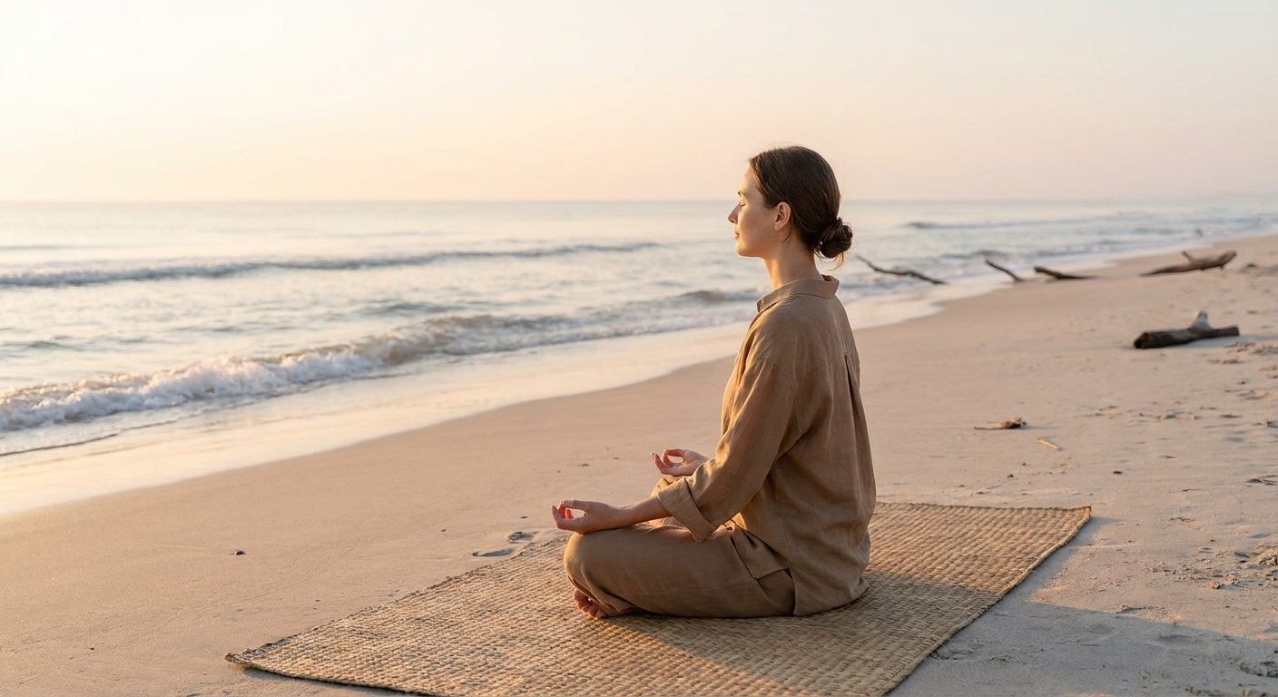 Woman meditating on a peaceful beach at sunrise, yoga and meditation practice
