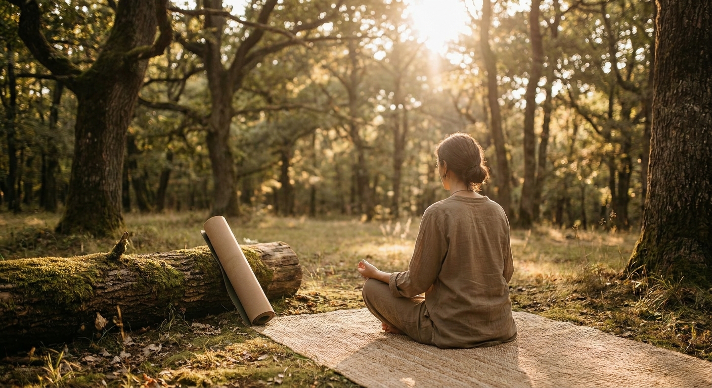 Pessoa meditando pacificamente na natureza com tapete de yoga - benefícios da yoga e meditação