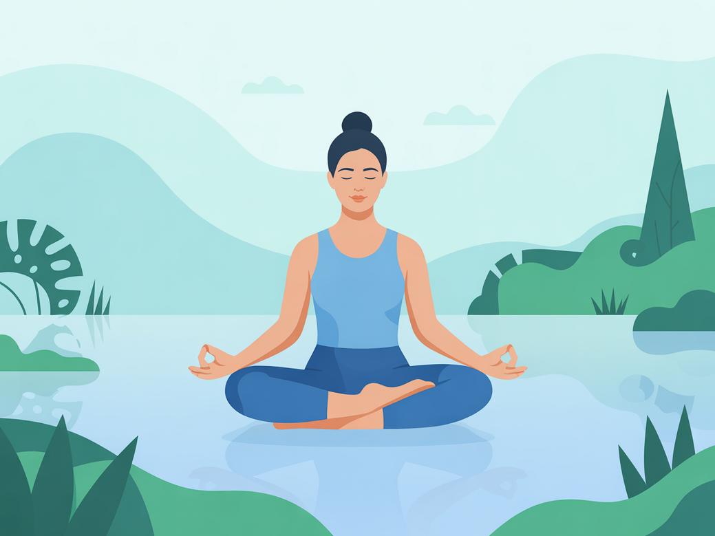 A person starting their yoga and meditation practice in a peaceful, nature-inspired setting, representing a wellness journey.