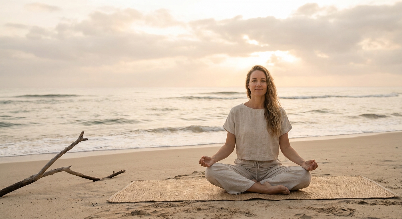 Woman meditating at sunrise on a peaceful beach with yoga mat and calm ocean waves