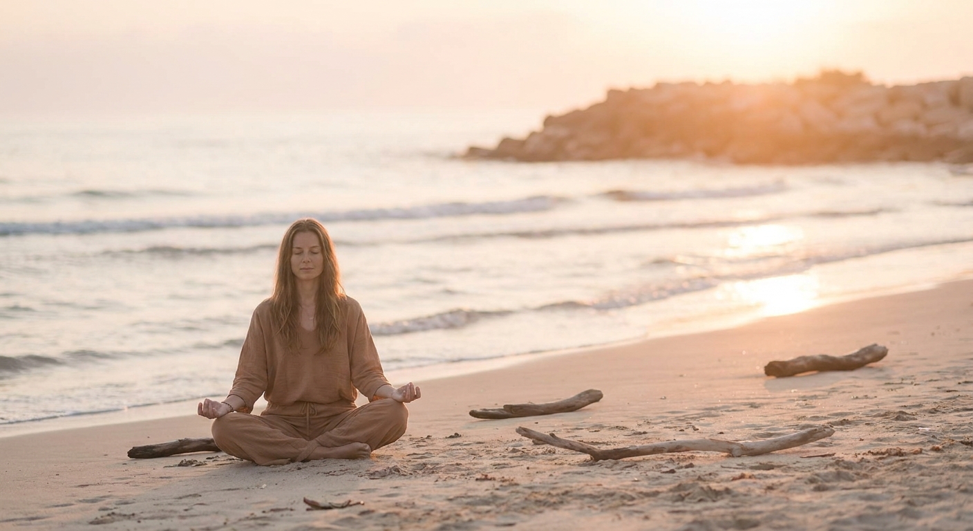 Woman meditating at sunrise beach yoga wellness routine