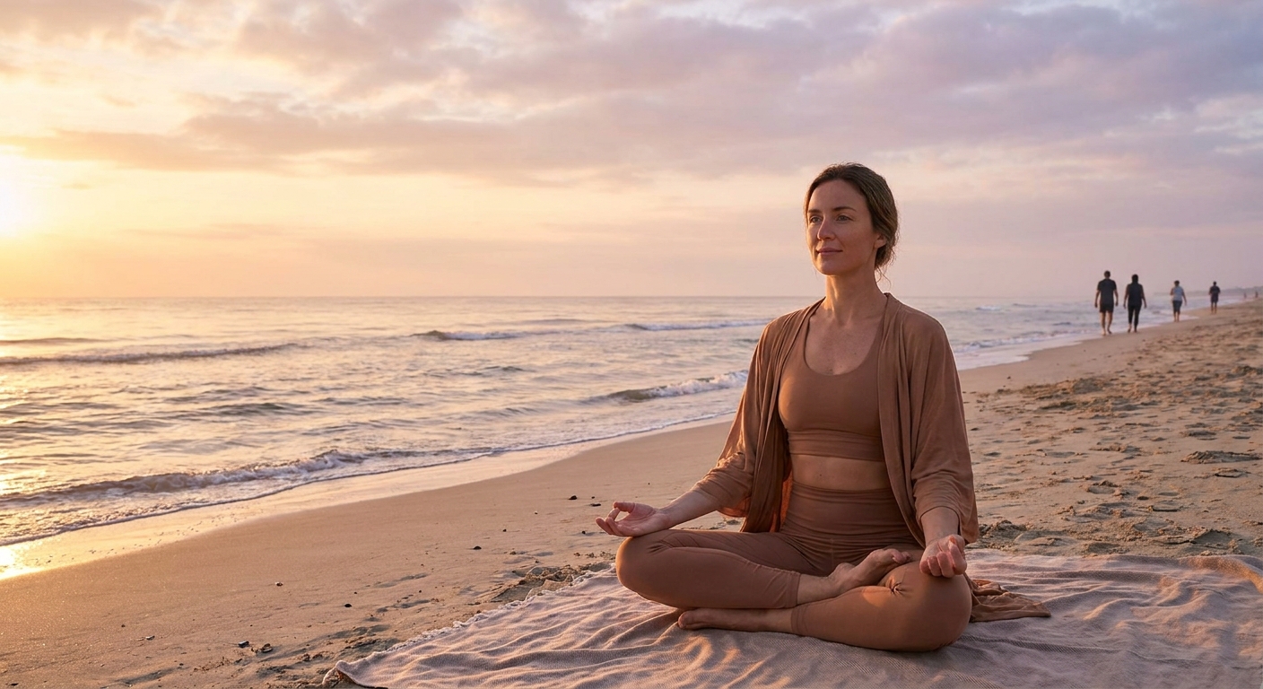 Woman practicing yoga and meditation at sunrise for wellness and inner peace