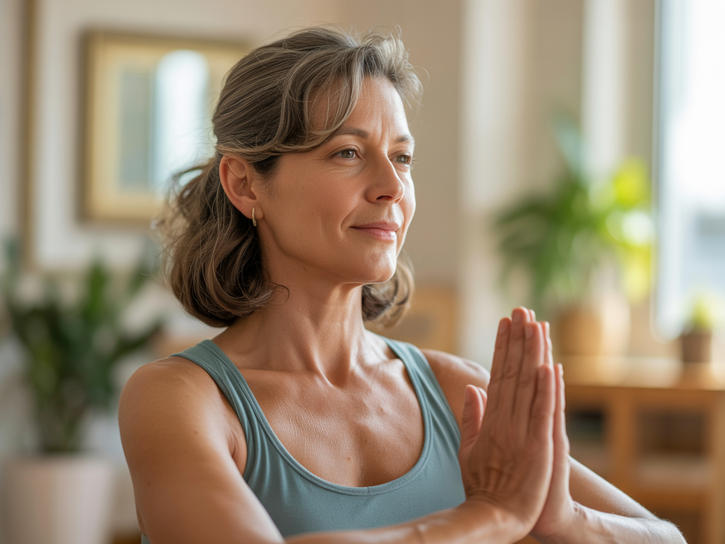 Mulher madura praticando yoga para menopausa em um ambiente sereno, simbolizando o bem-estar aos 50+