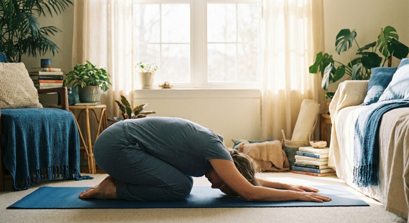 Mulher 50+ praticando yoga suave em casa — yoga para menopausa e movimento corporal