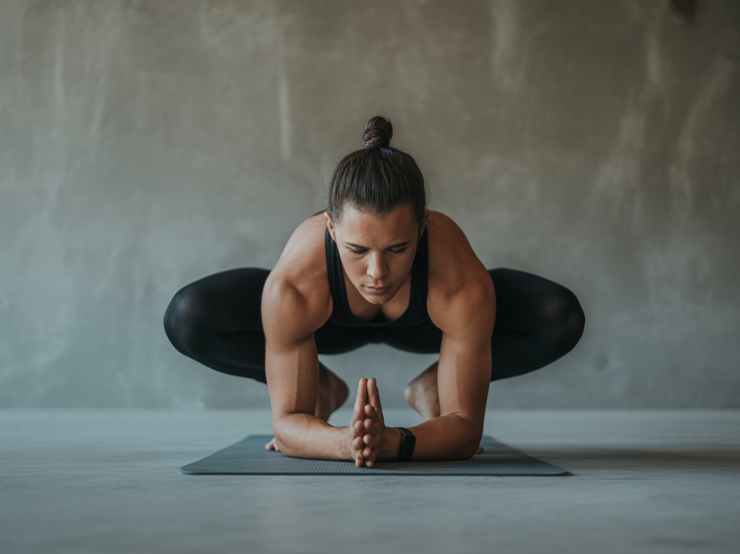 Yoga para atletas de alto rendimento: uma atleta praticando uma postura de yoga com foco e determinação.