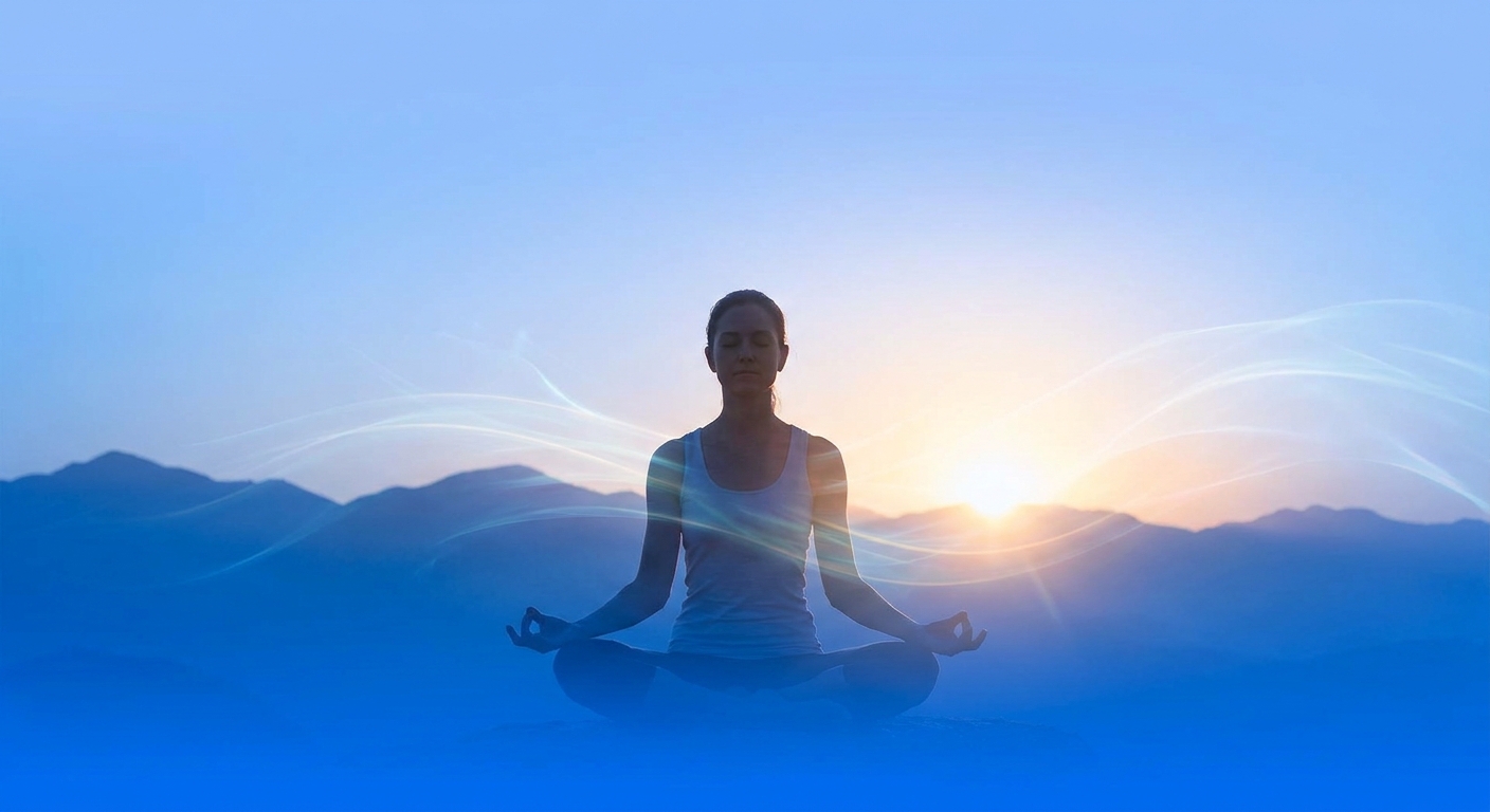 Pessoa meditando em postura de lótus ao amanhecer com fundo azul espiritual minimalista