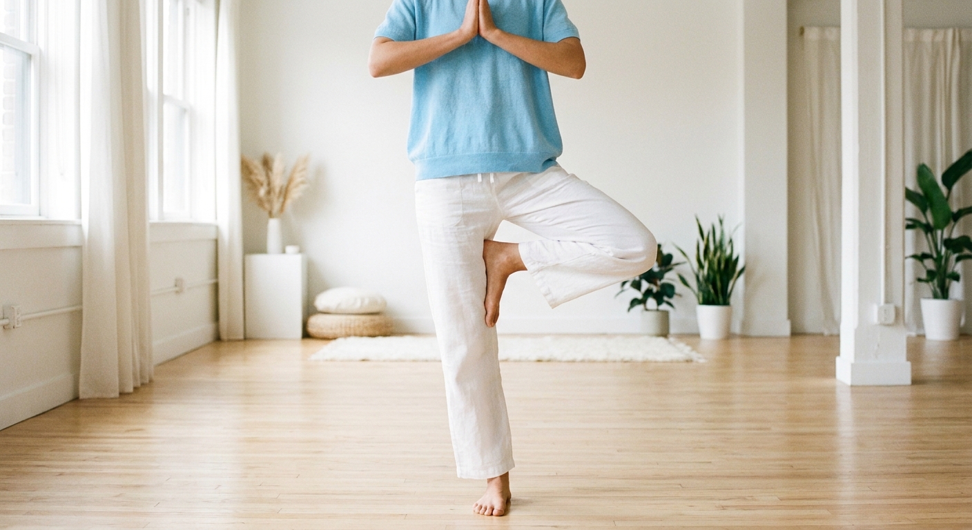 Yoga para iniciantes: movimento corporal consciente em um ambiente calmo e iluminado