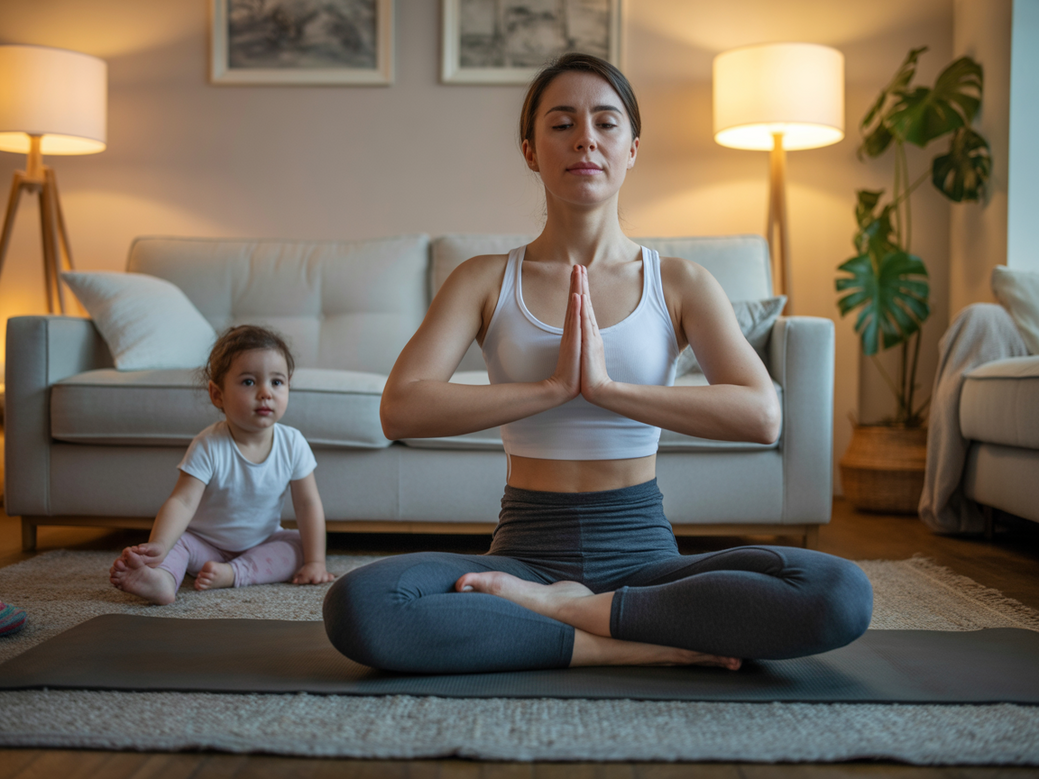 Mãe solo praticando yoga para mães solo em sua sala, demonstrando autocuidado e resiliência em um momento de paz.