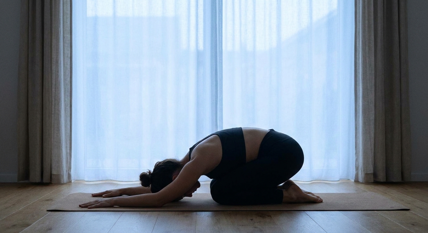 Pessoa em Postura da Criança (Balasana) com iluminação suave em tons azuis — yoga movimento corporal reabilitação emocional