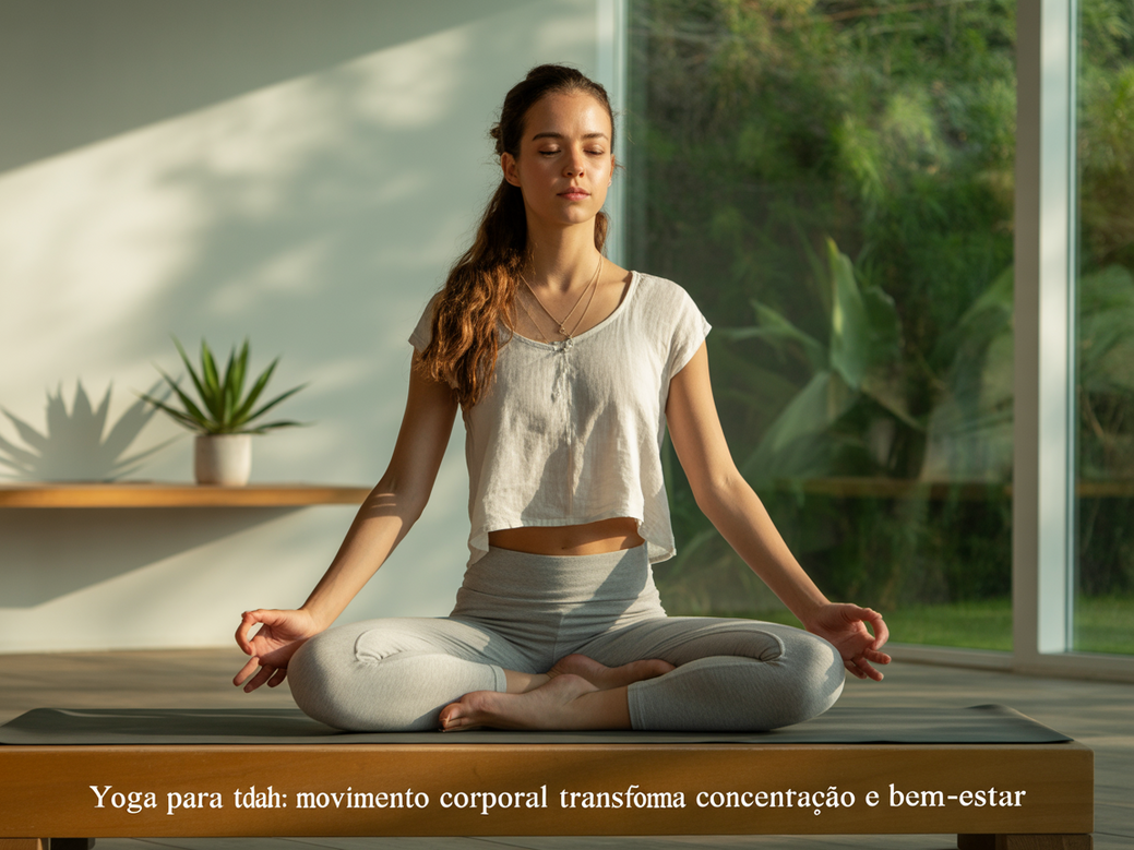 Mulher praticando yoga para TDAH em um ambiente calmo, simbolizando foco e concentração.