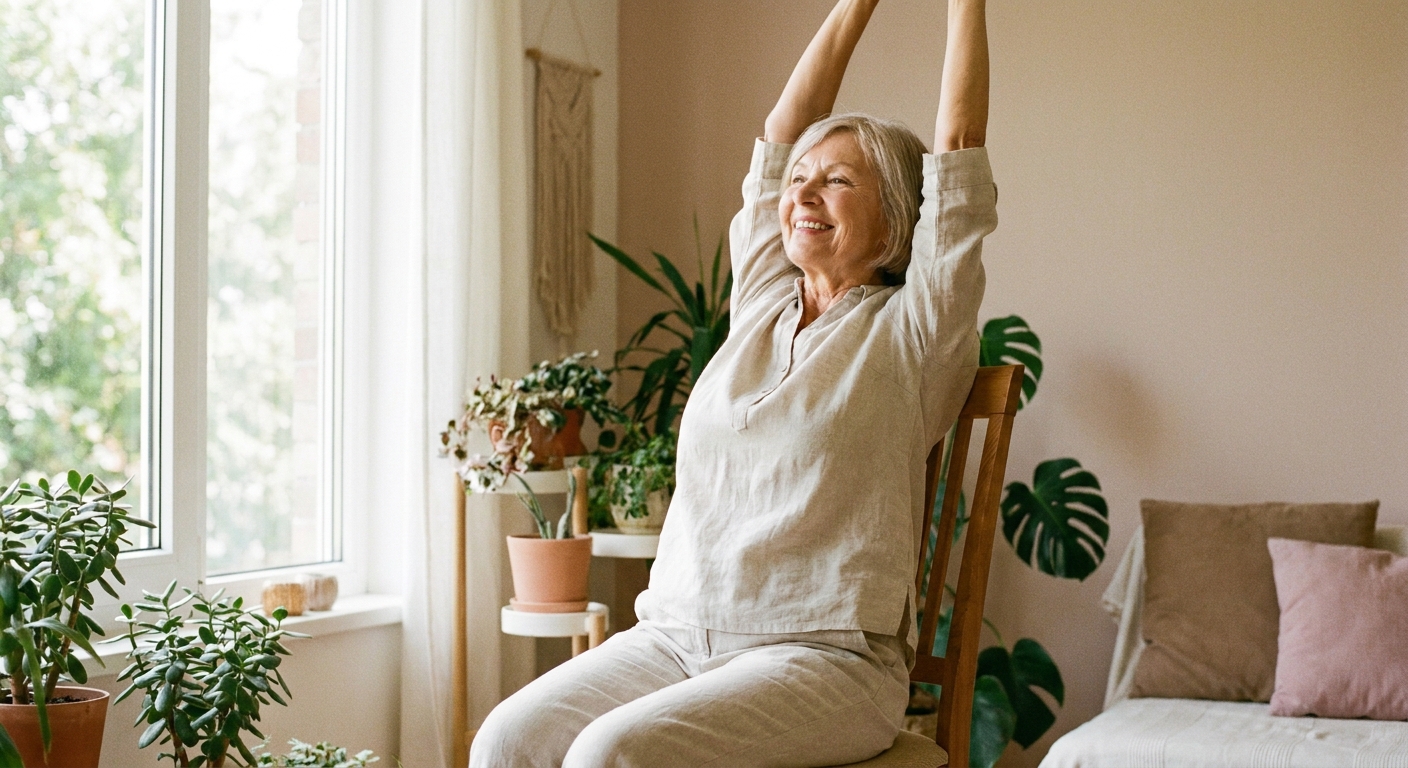 Idosa ativa praticando yoga na cadeira com leveza e bem-estar