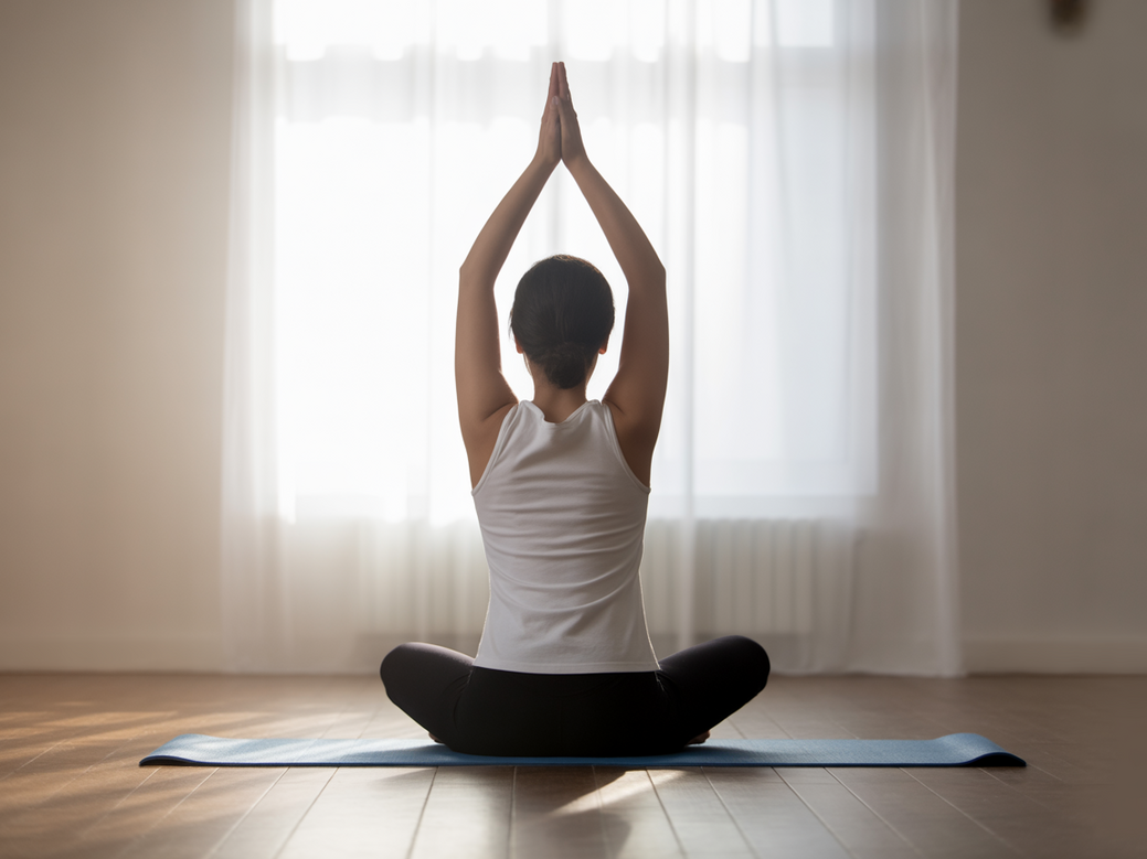 Mulher praticando posturas de yoga para ansiedade em um ambiente calmo e iluminado, demonstrando paz interior.