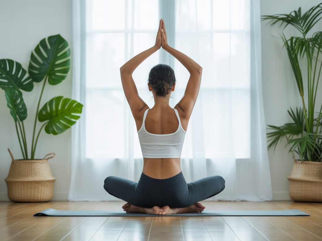 Mulher praticando yoga para ansiedade em um ambiente calmo, simbolizando bem-estar integral.