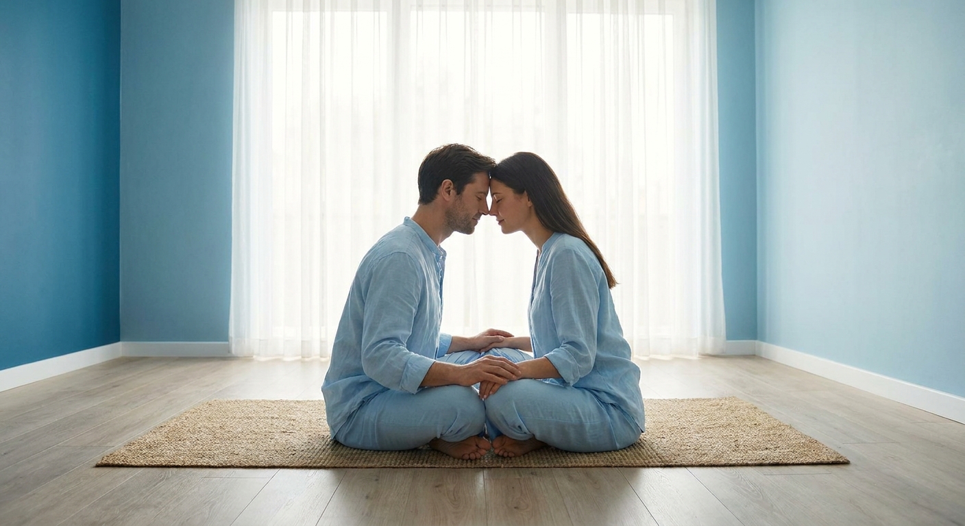 Casal meditando junto em ambiente sereno e azulado, praticando yoga para casais com conexão espiritual