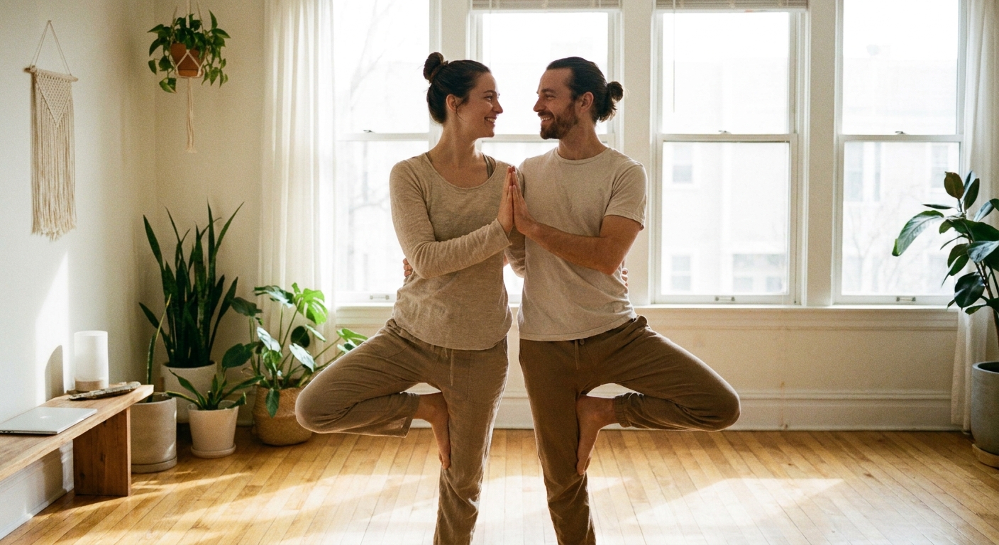 Casal praticando yoga para casais em ambiente tranquilo, demonstrando conexão emocional e paz espiritual