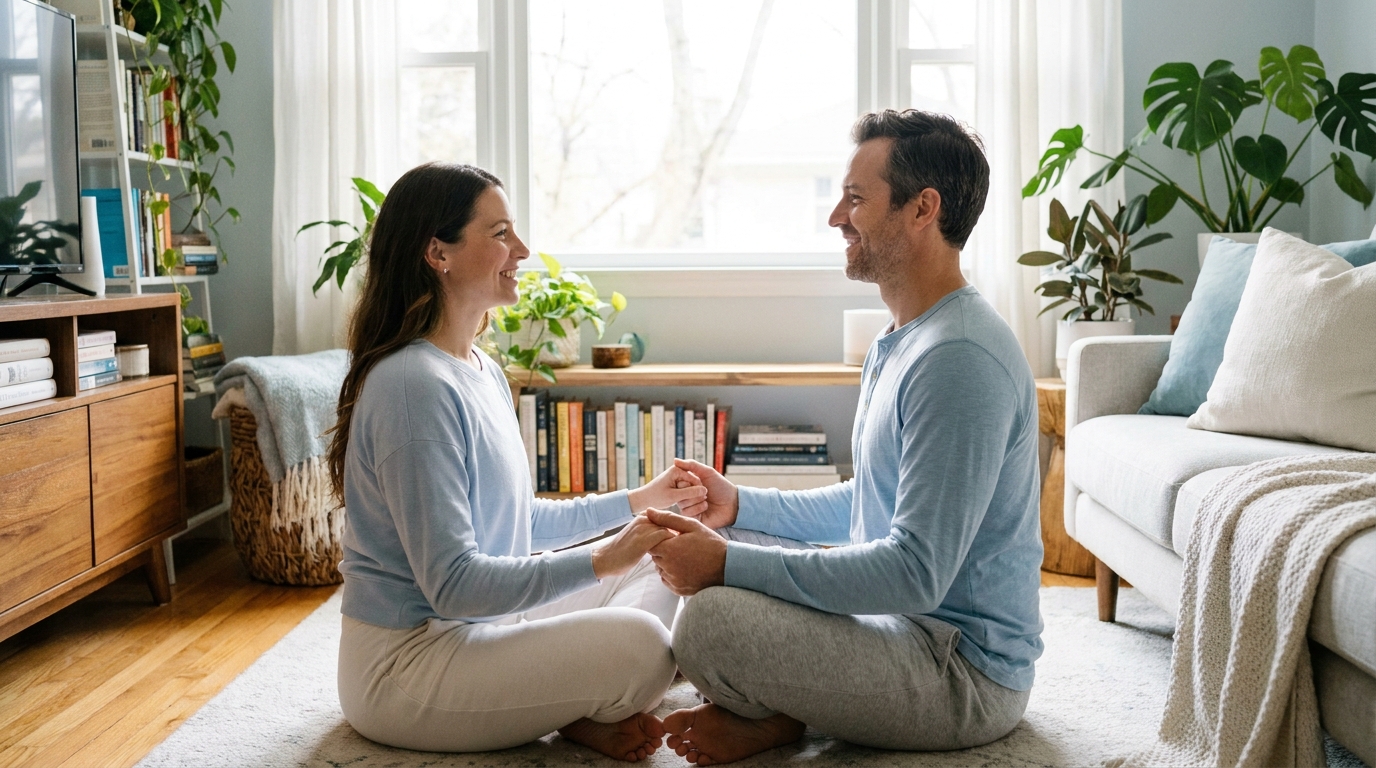 Casal praticando yoga para casais em ambiente tranquilo, realizando movimento corporal consciente e respiração sincronizada