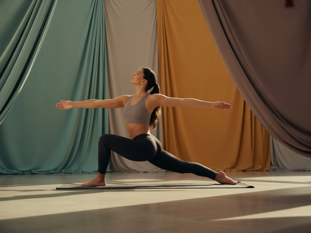 Artista praticando yoga em um ambiente criativo para estimular o desbloqueio criativo.