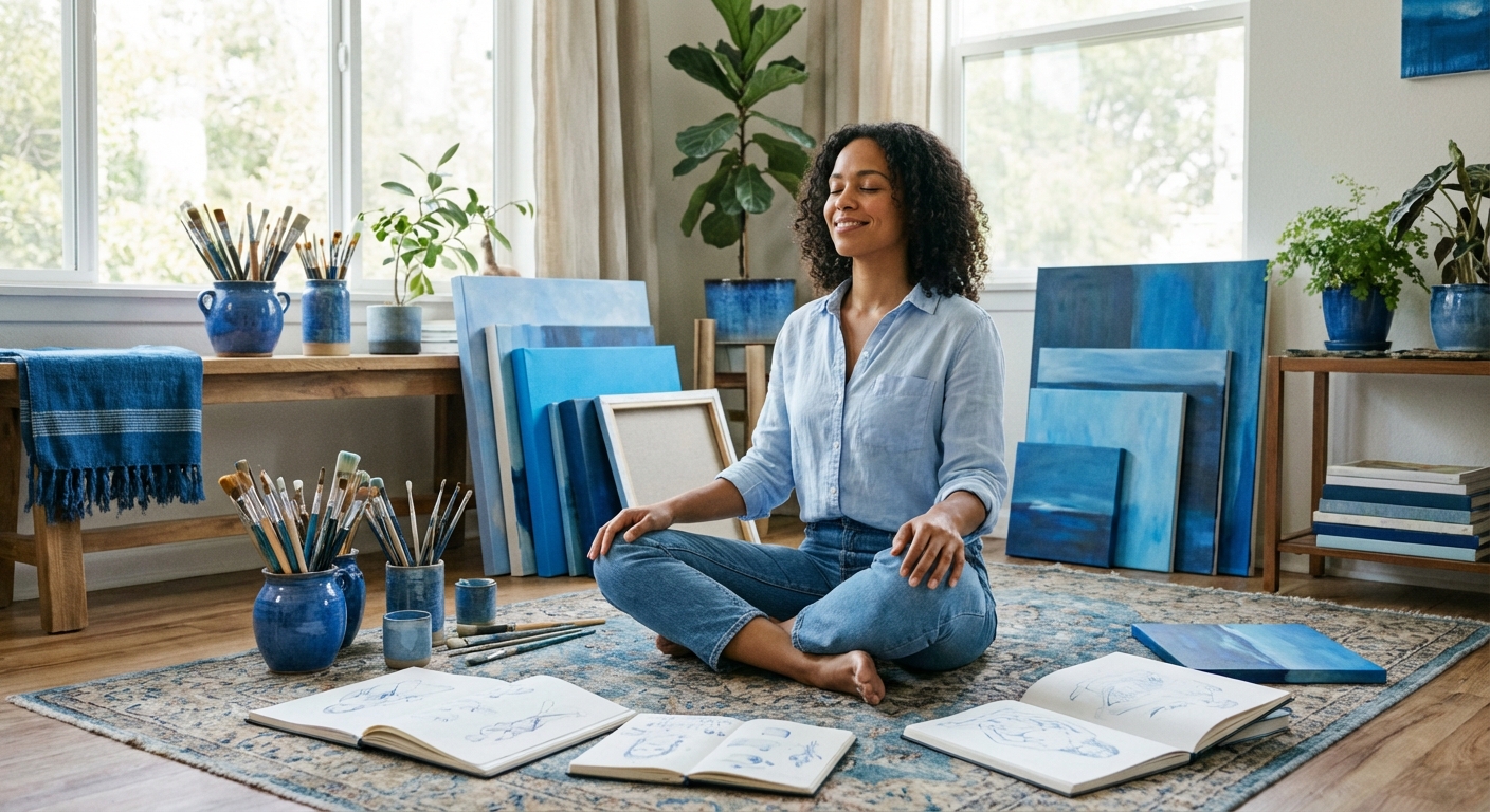 Artista praticando yoga para criatividade em estúdio iluminado com materiais de pintura ao redor