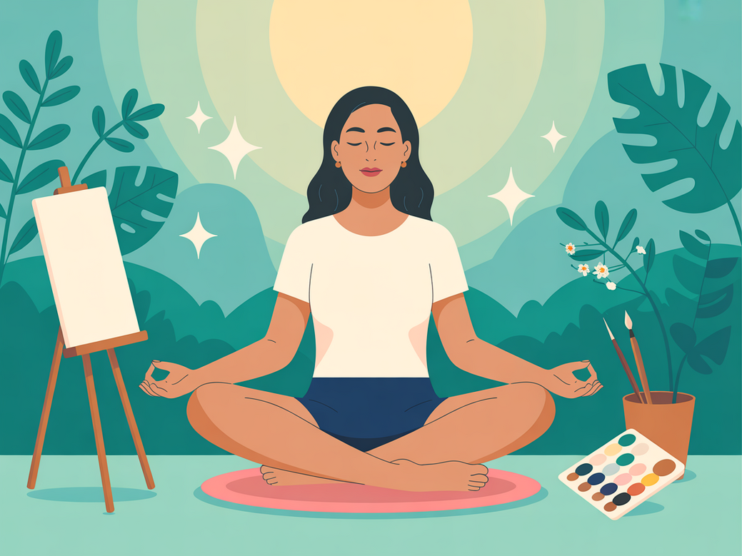 Yoga para criatividade: uma pessoa meditando com uma paleta de tintas ao lado, simbolizando a união entre arte e espiritualidade.