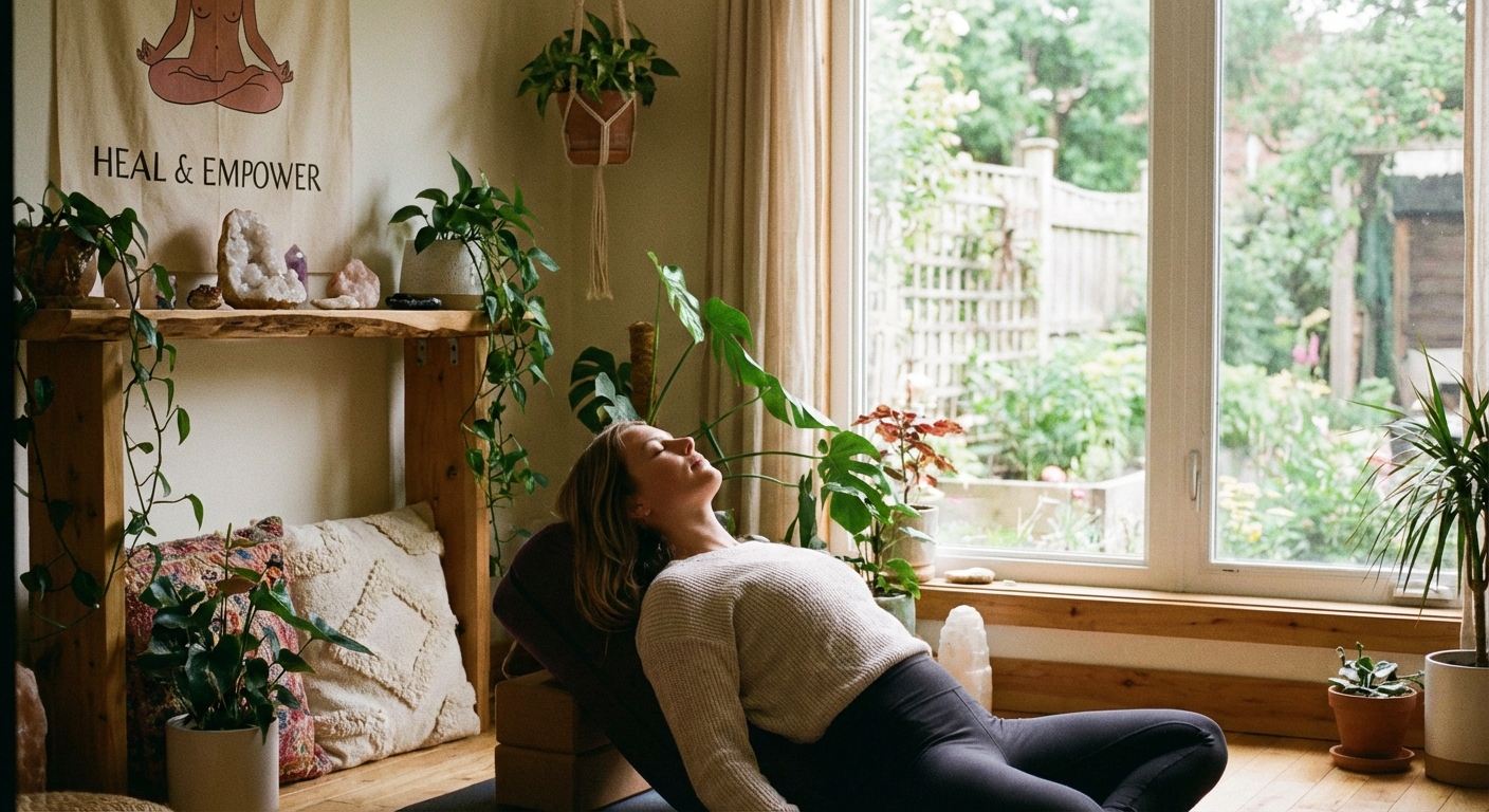 Mulher praticando yoga para cura emocional em ambiente tranquilo, representando empoderamento pós-relacionamento tóxico