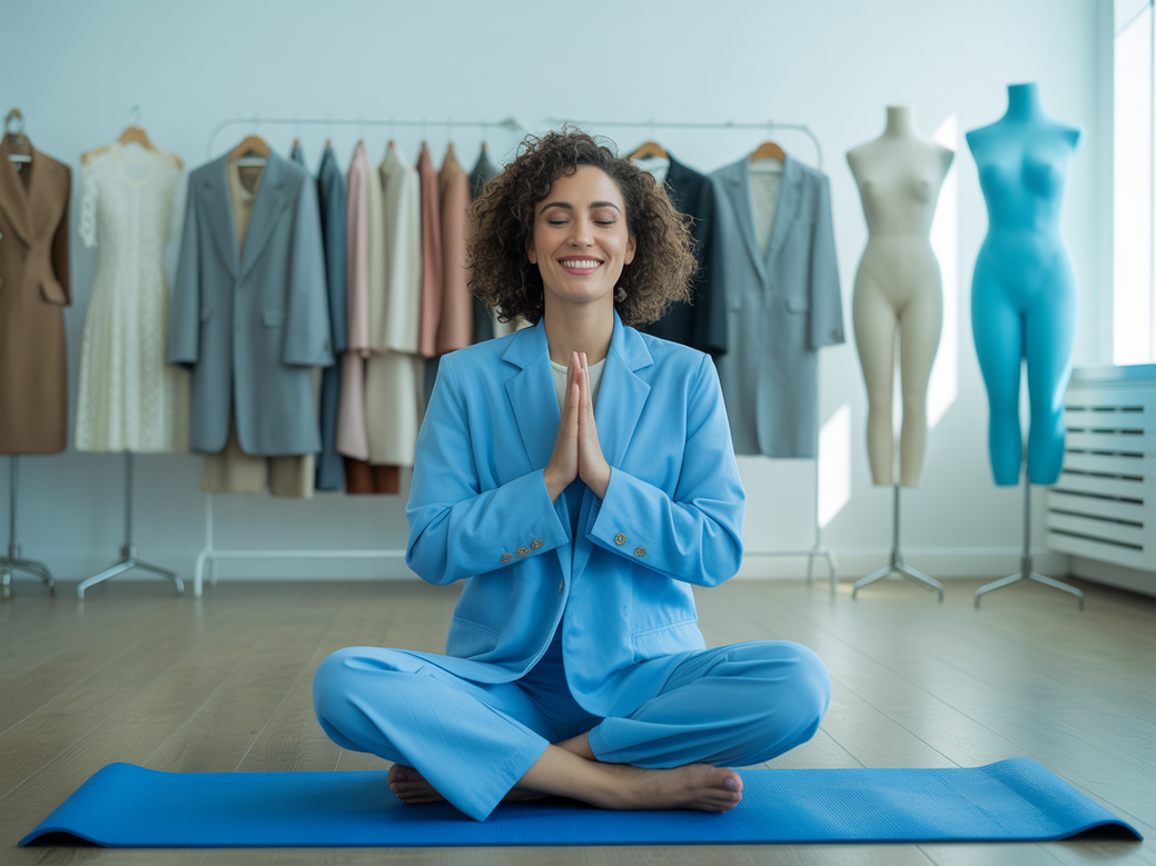 Empreendedora de sucesso praticando Yoga Express em seu escritório moderno