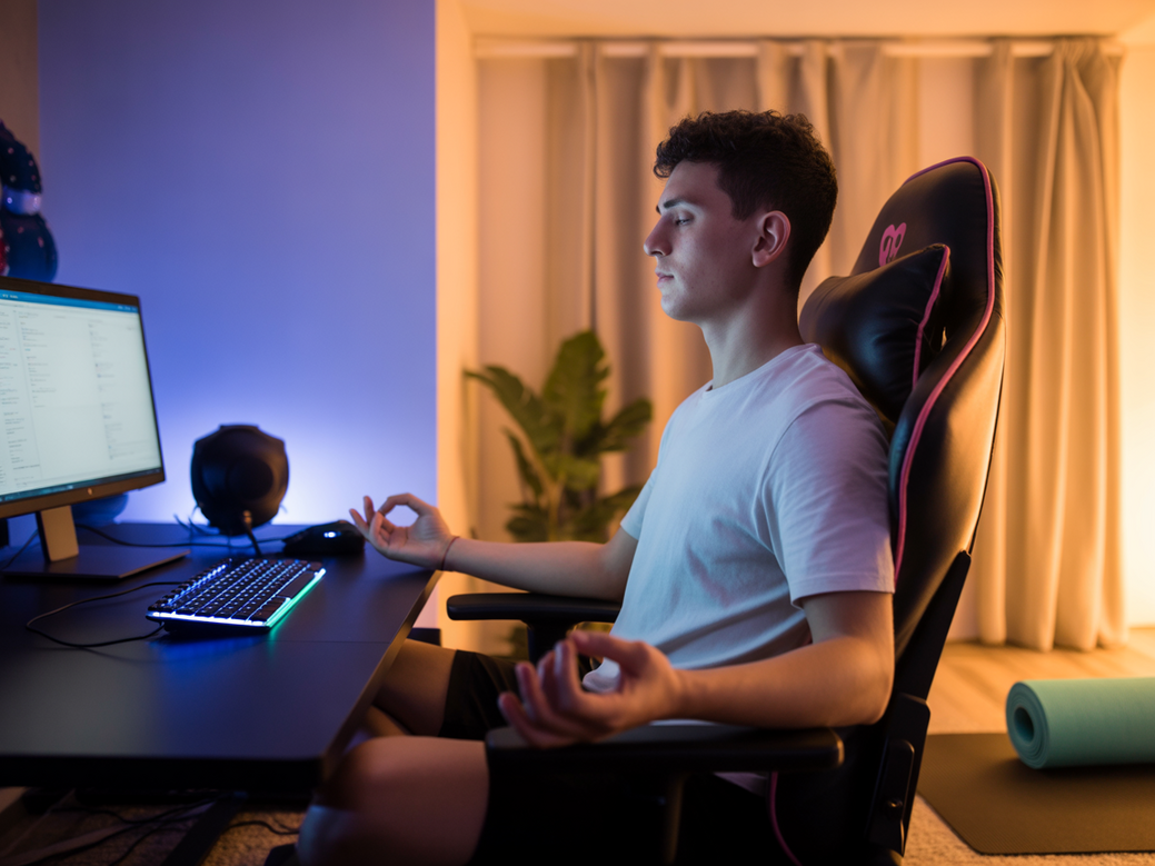 Jovem gamer praticando yoga para gamers em sua cadeira, ilustrando o equilíbrio entre jogos e bem-estar integral.