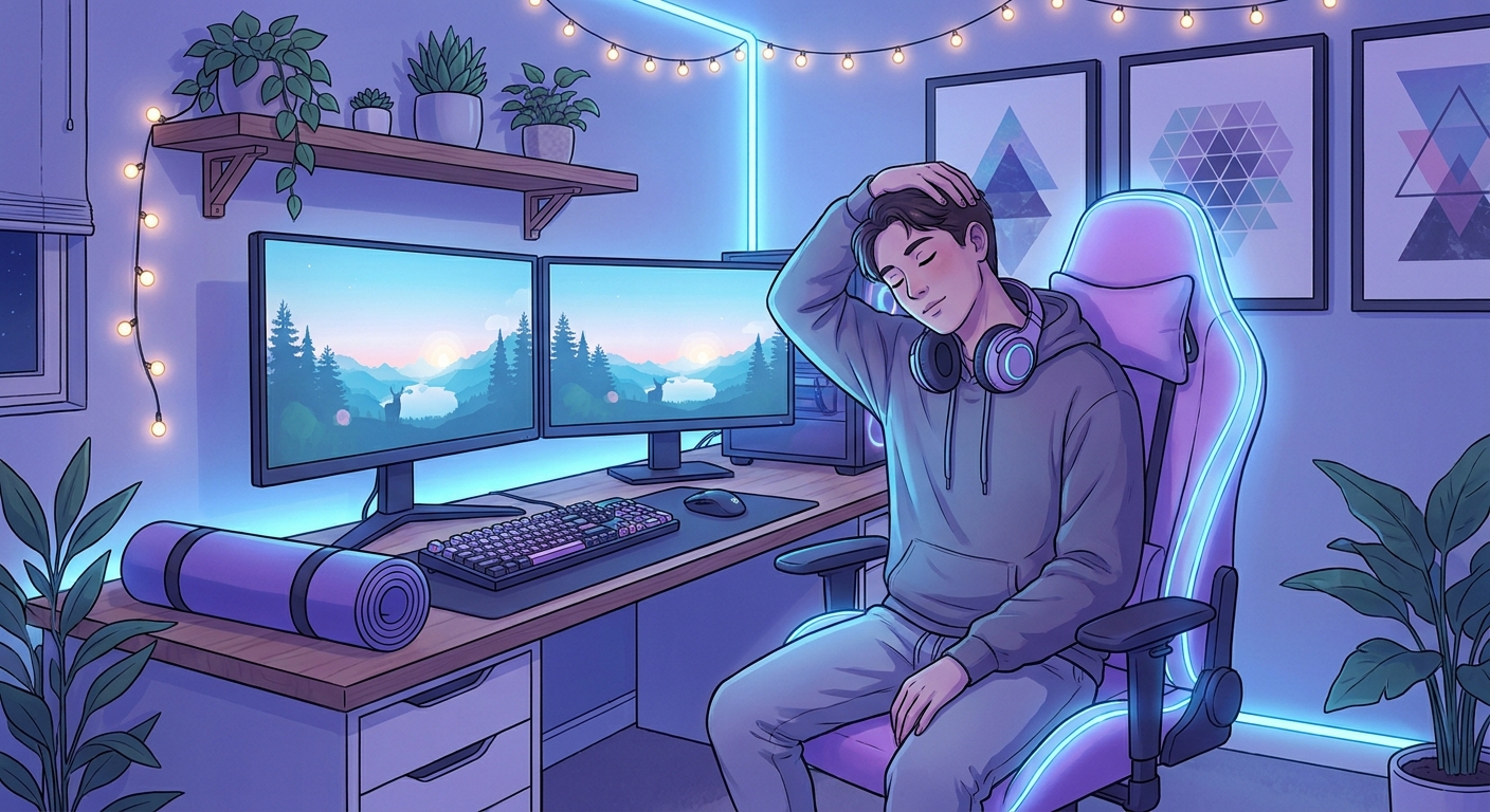 Jovem gamer alongando o pescoço na cadeira gamer com setup de jogos ao fundo — yoga para gamers