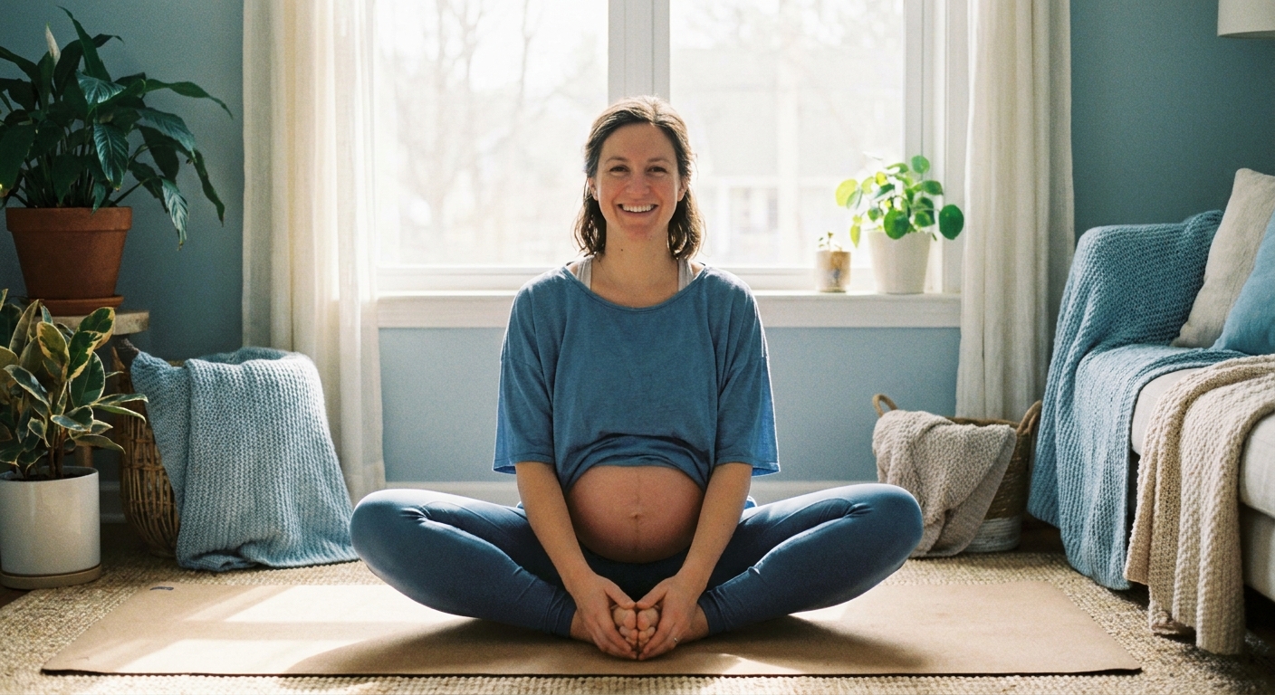 Gestante praticando yoga na postura da borboleta em ambiente calmo e iluminado - yoga para gestantes Vitalizen