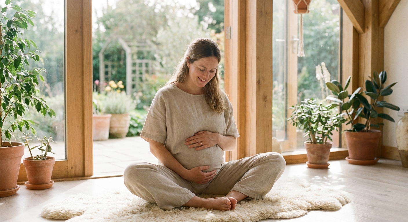 Mulher grávida praticando yoga prenatal em ambiente tranquilo, demonstrando postura segura de yoga na gravidez