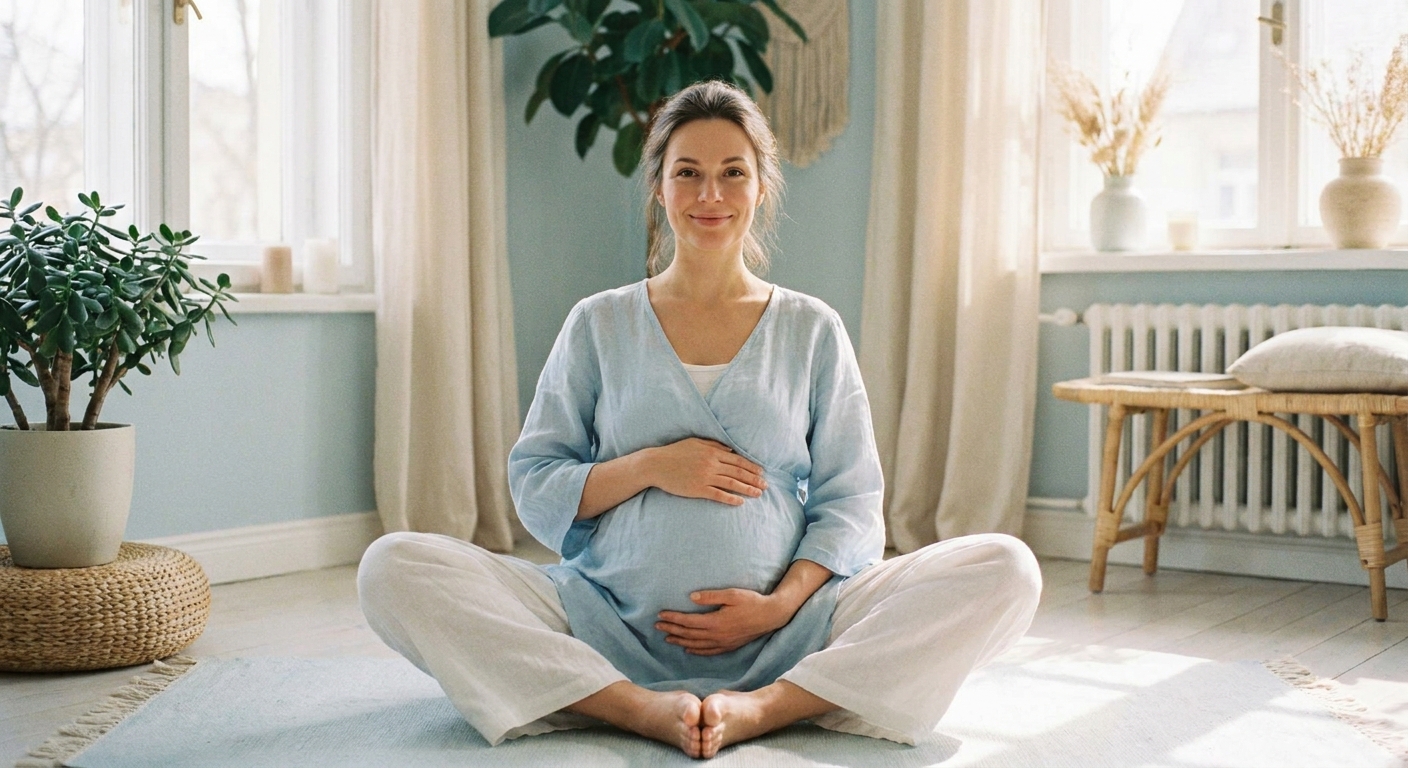 Gestante serena praticando yoga suave em ambiente iluminado por luz natural