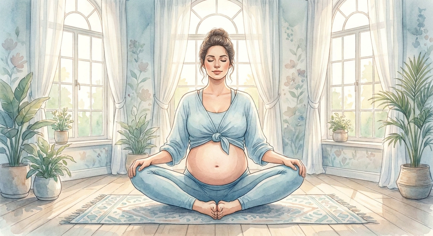 Gestante praticando yoga para gestantes em ambiente calmo e iluminado - postura da borboleta