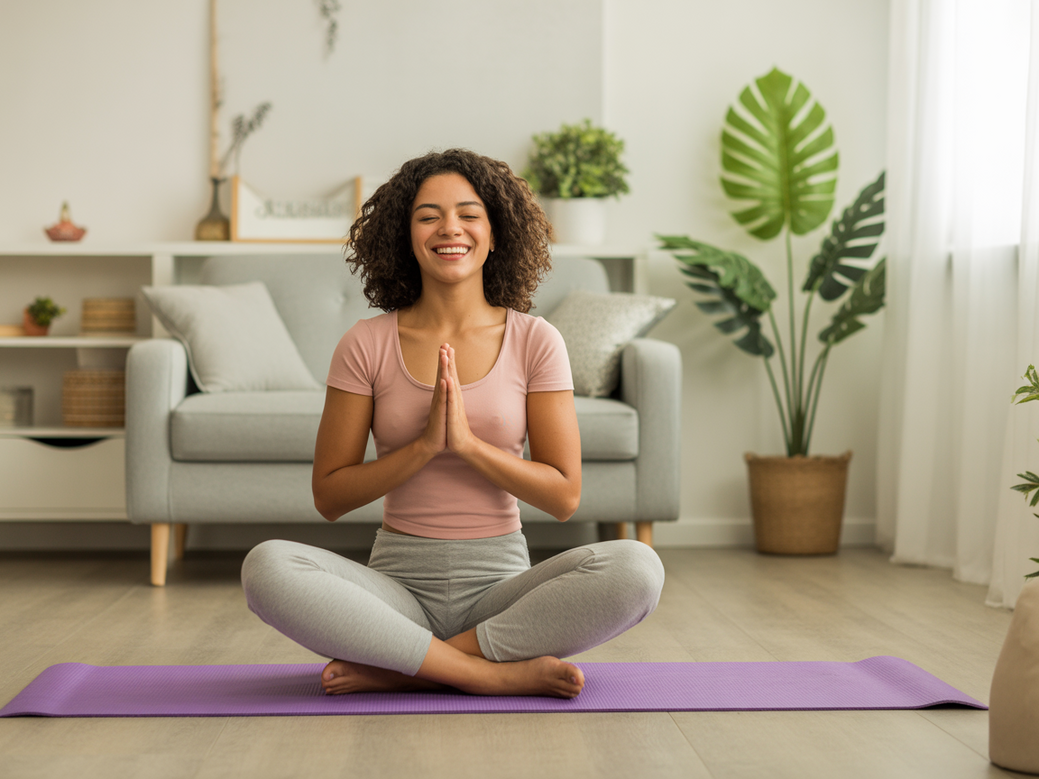 Gestante praticando yoga para gestantes em casa, em uma postura segura e confortável, demonstrando os benefícios do yoga na gravidez.