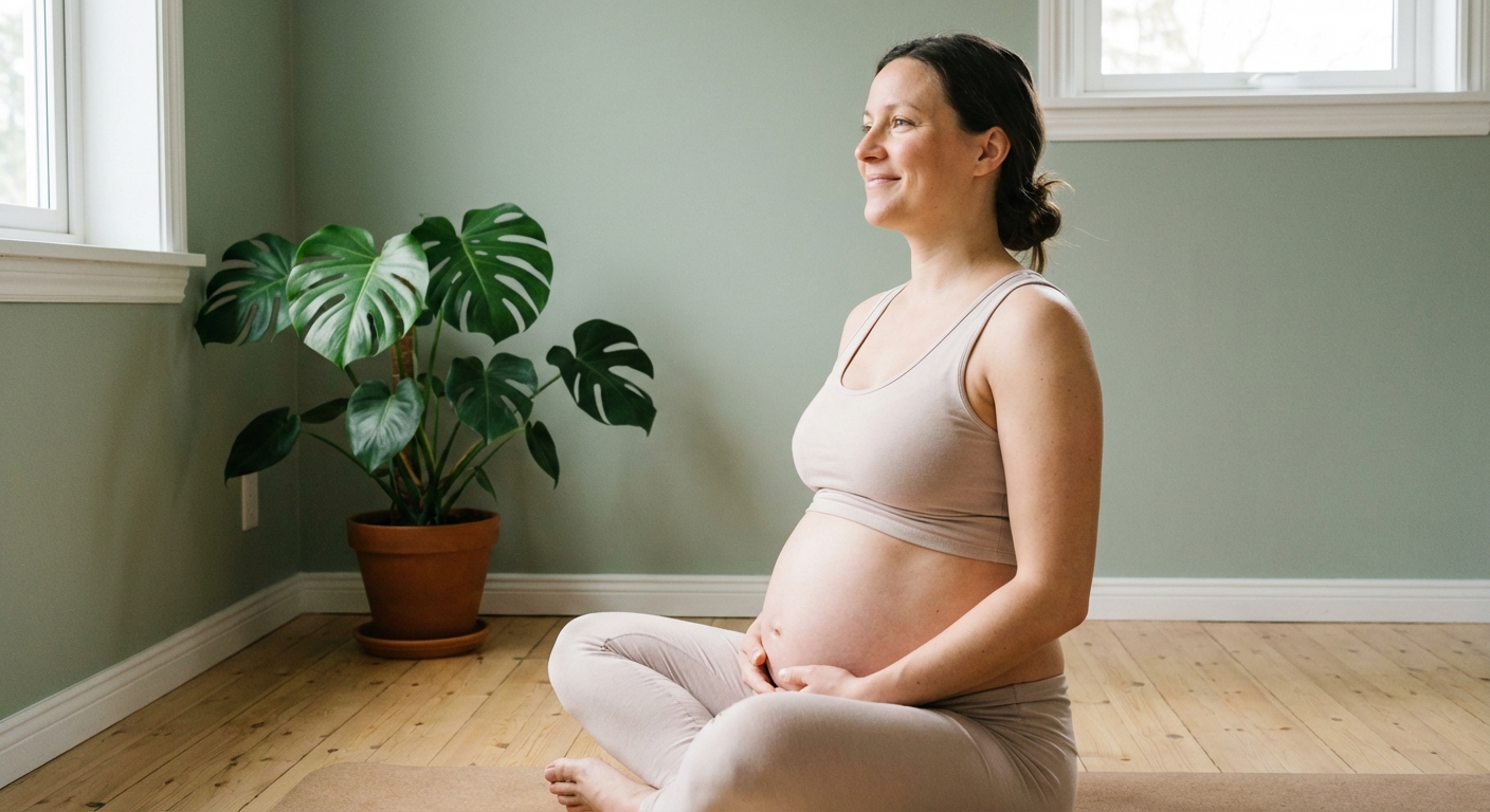 Mulher grávida praticando yoga em ambiente tranquilo usando app de yoga para gestantes
