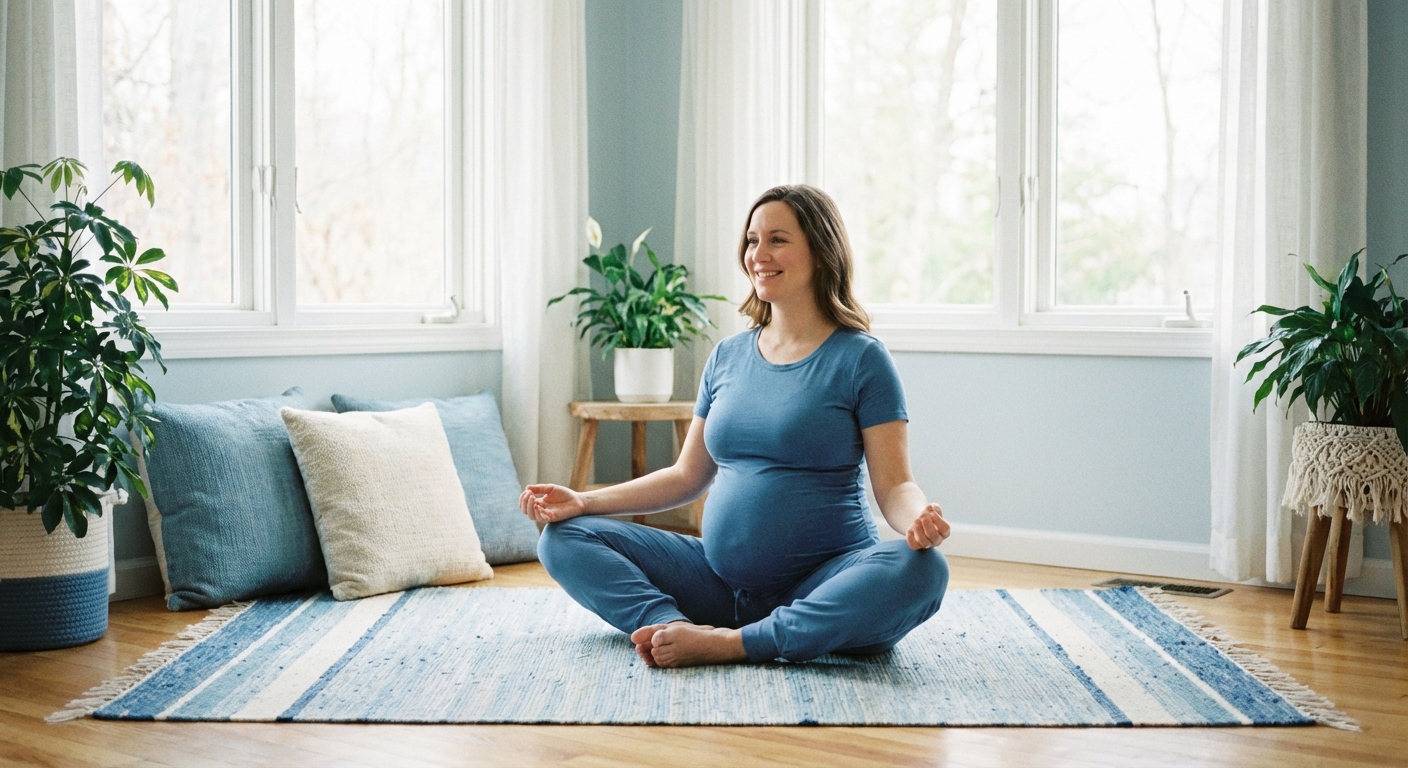 Mulher grávida praticando yoga para gestantes em um ambiente tranquilo, representando o bem-estar na gravidez em 2026.