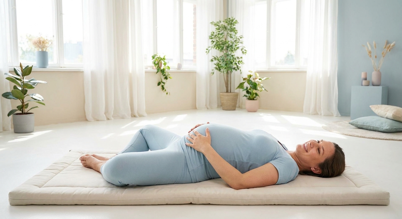 Gestante sorrindo praticando yoga postura borboleta em ambiente iluminado e tranquilo - yoga para gestantes iniciantes