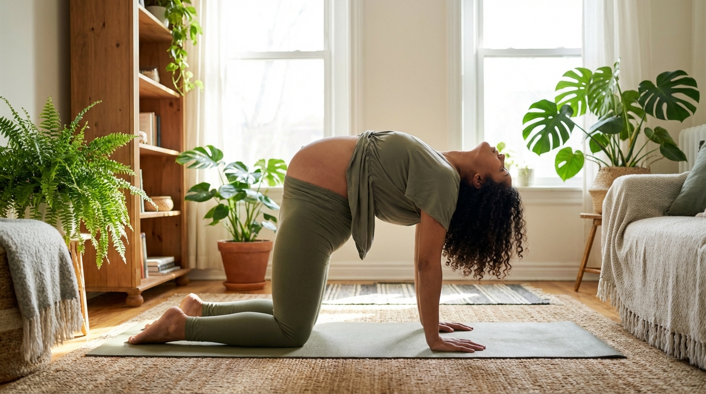 Mulher grávida praticando yoga para gestantes em casa com segurança usando o Vitalizen App