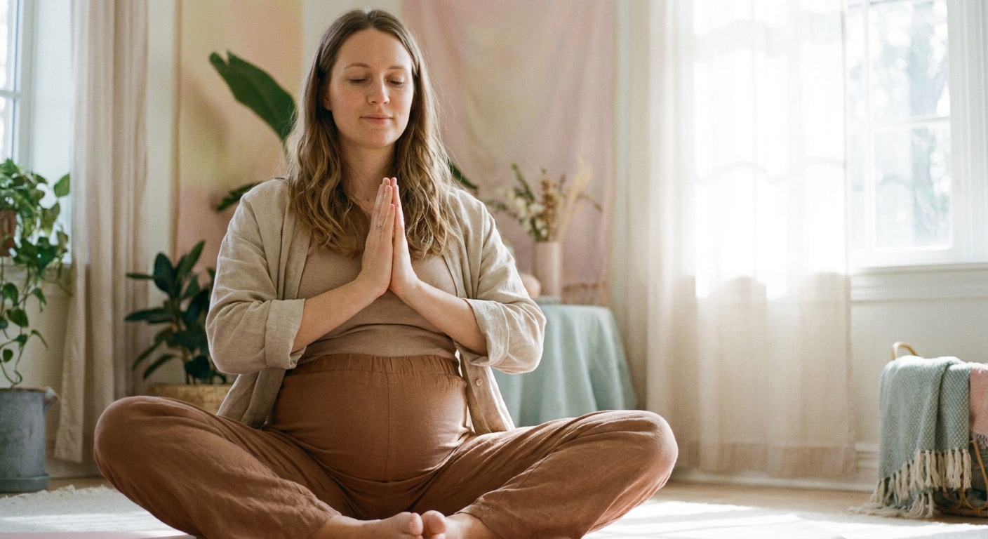 Gestante praticando yoga com o app Vitalizen em ambiente tranquilo e acolhedor