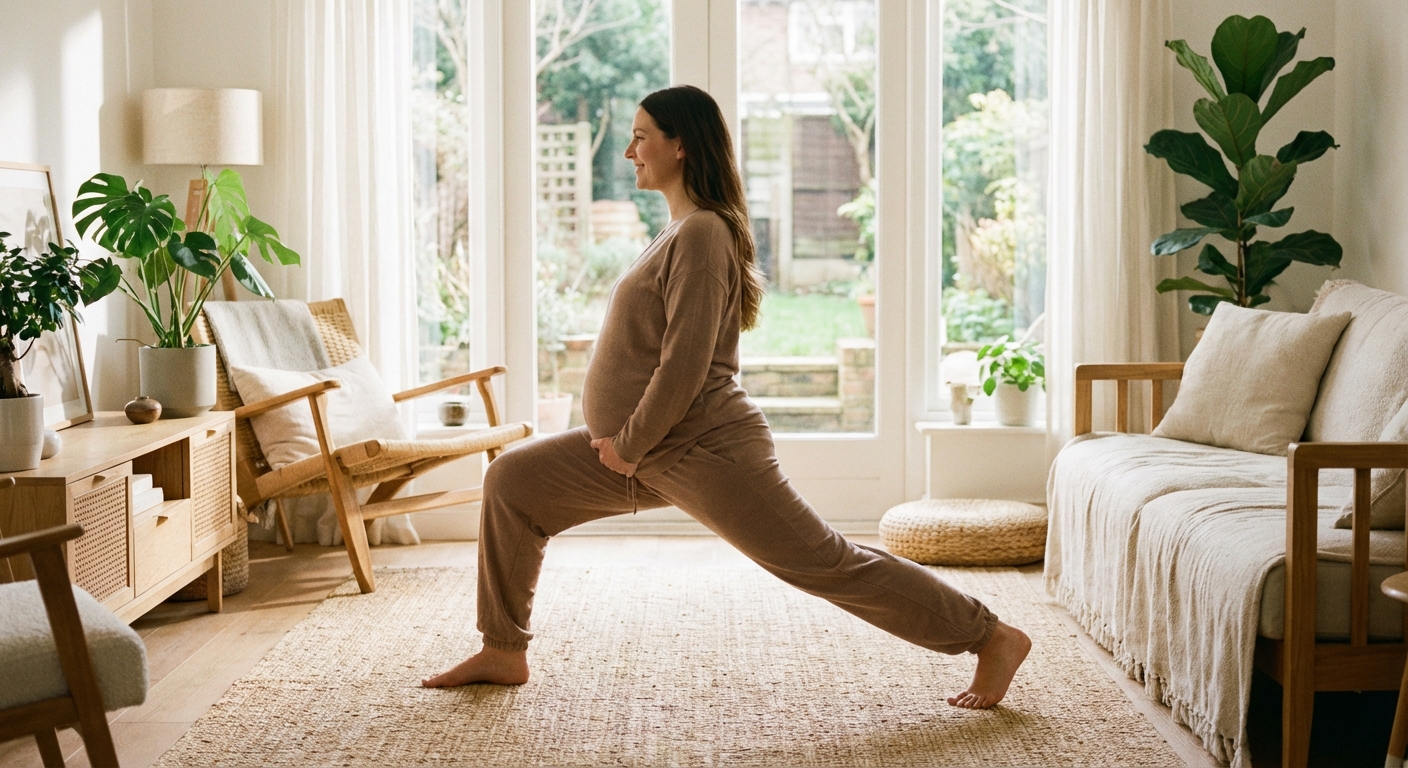 Mulher grávida praticando yoga prenatal em casa usando aplicativo no smartphone, demonstrando postura segura de alongamento