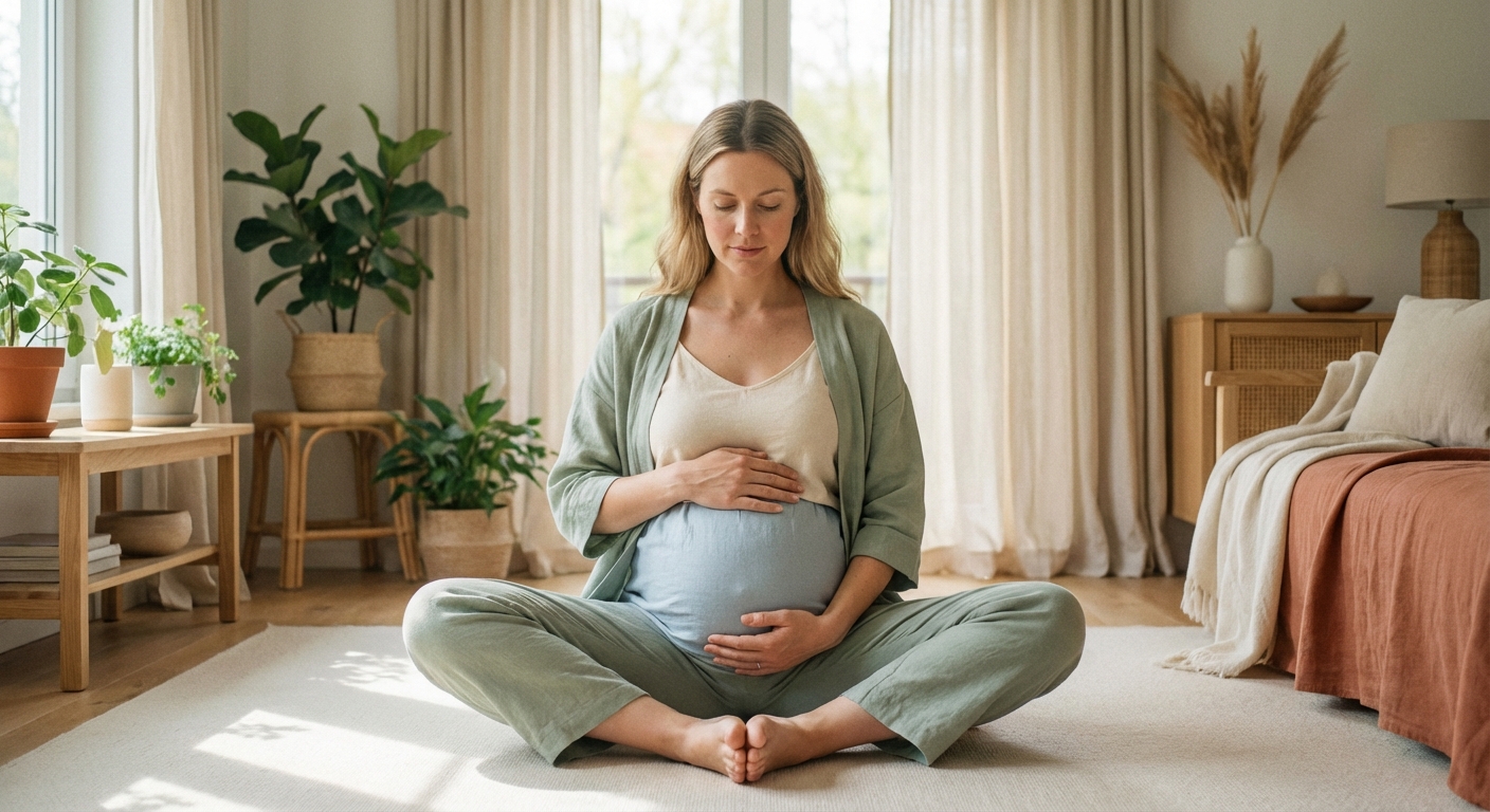 Mulher grávida praticando yoga para gestantes em ambiente tranquilo, demonstrando bem-estar e conexão com o bebê.