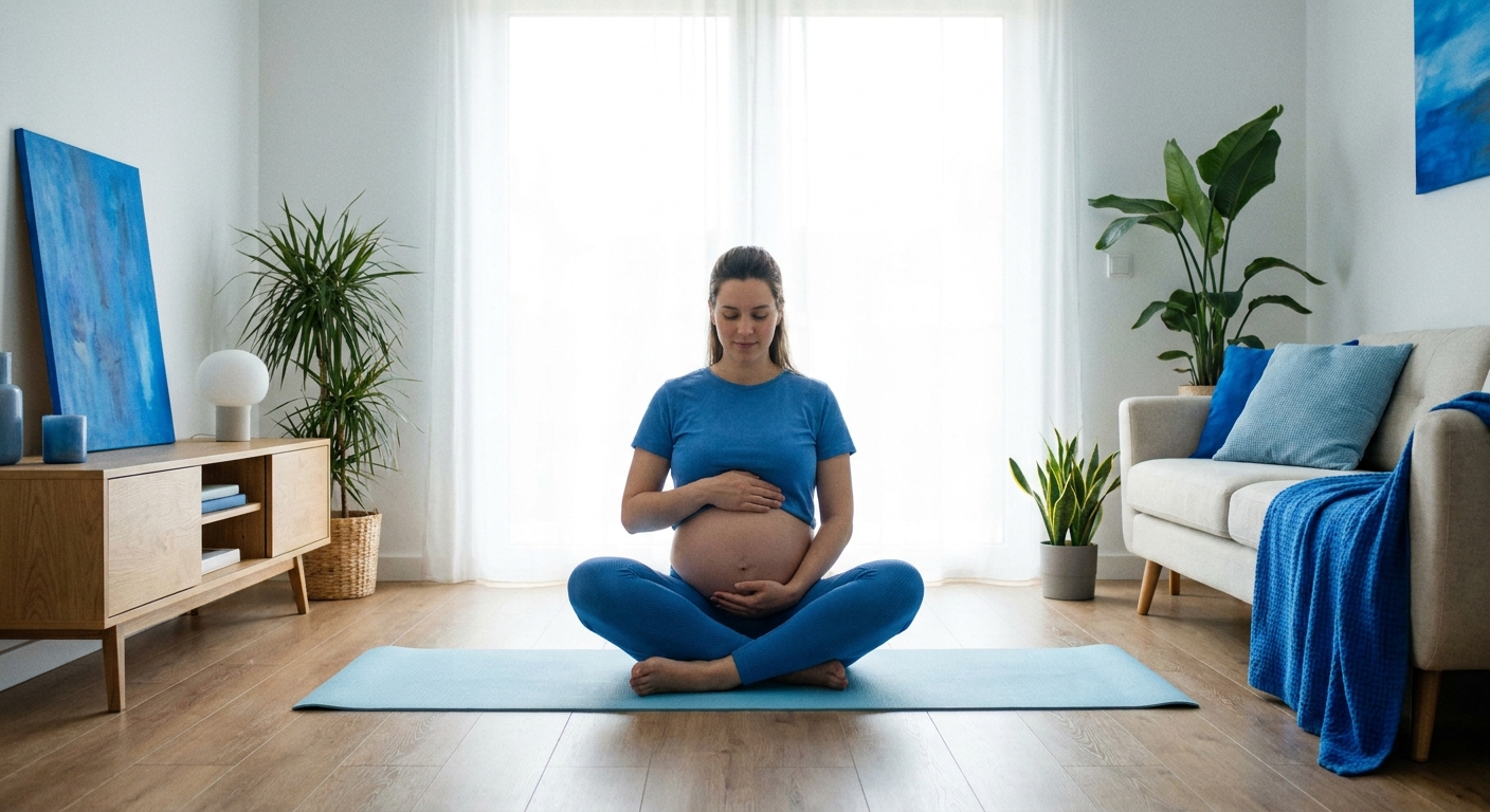 Gestante praticando yoga em casa com iluminação natural suave e ambiente acolhedor em tons azuis