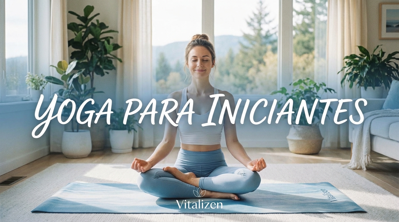 Mulher praticando yoga para iniciantes em ambiente tranquilo, demonstrando postura básica de alongamento