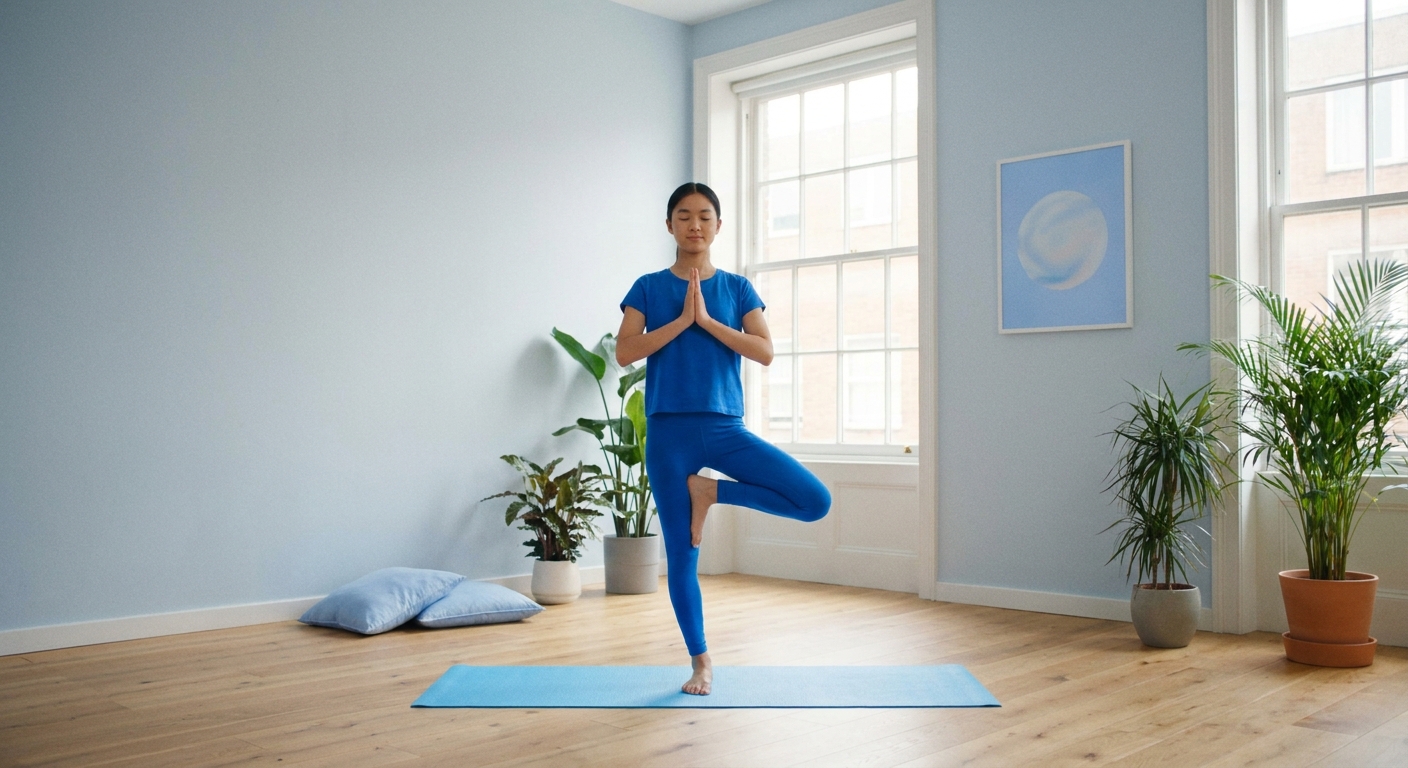 Mulher praticando yoga para iniciantes em casa, com tapete colorido