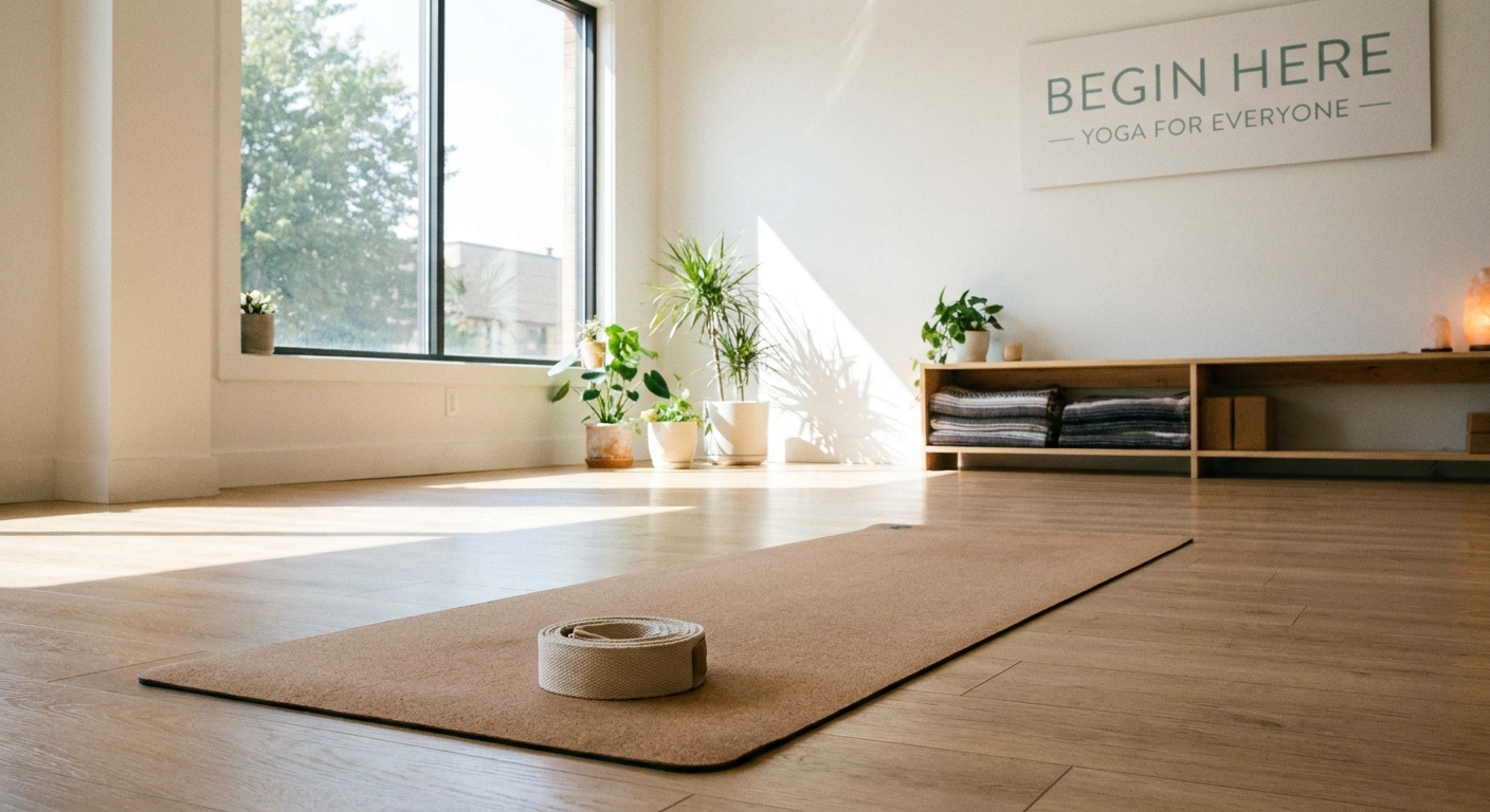 Mulher praticando yoga para iniciantes em ambiente tranquilo, demonstrando postura básica de alongamento