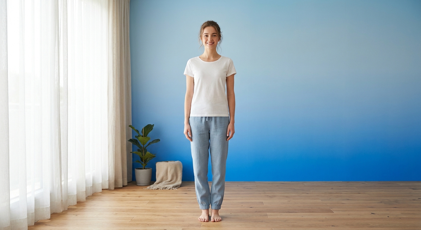 Mulher jovem praticando postura de yoga em ambiente calmo com iluminação suave e tons azuis