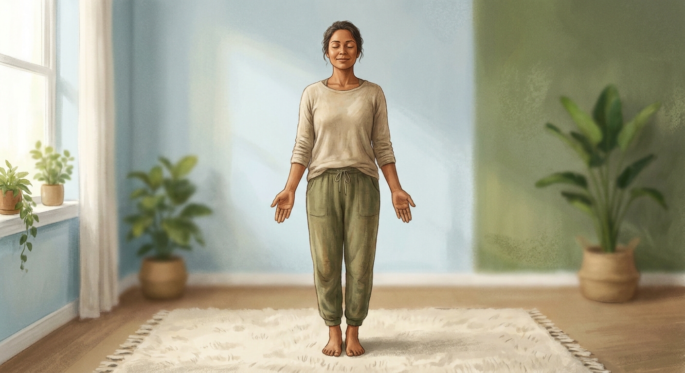 Yoga para iniciantes: pessoa em Postura da Montanha com fundo azul suave transmitindo paz e acolhimento