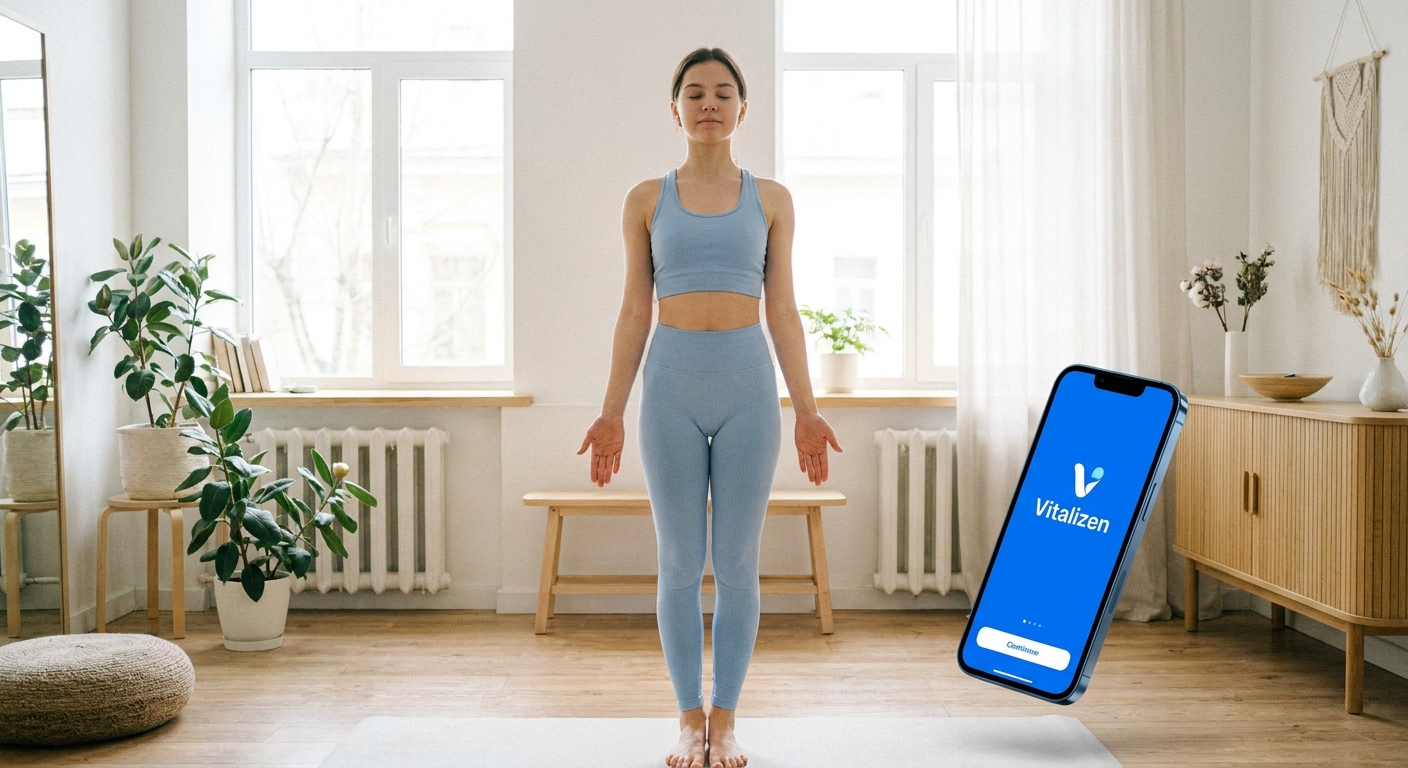 Jovem praticando yoga em casa com o app Vitalizen