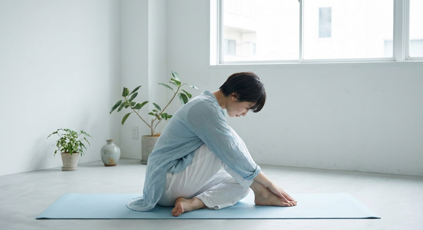 Mulher praticando yoga para iniciantes em ambiente calmo, demonstrando postura básica de alongamento com a Vitalizen
